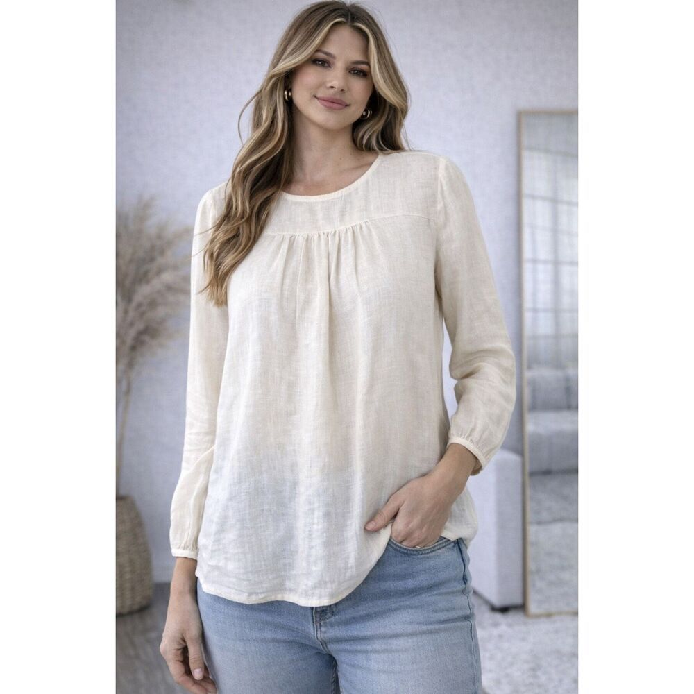 Stile Benetton 100% Pure Linen Blouse Women XS Ivory Long Sleeve Relaxed Fit